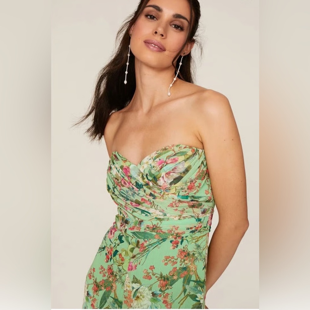 JAYGODFREY Lydia Romper Strapless Pleated Chiffon Green and Pink Floral Pantsuit - Picture 7 of 13